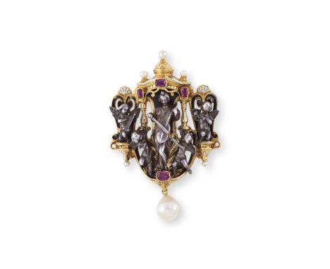 JULES WIESE POUR FROMENT-MEURICE: BROCHE 'HARMONIE' EMAIL, RUBIS ET PERLES, MILIEU DU 19E SIECLEReprésentant Sainte Cécile jo