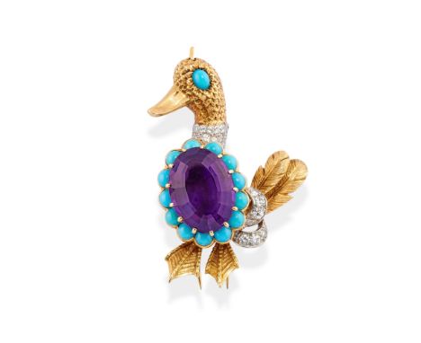 CARTIER: CLIP/PENDENTIF 'CANARD' AMETHYSTE, TURQUOISES ET DIAMANTS, FIN DES ANNEES 1950Formant un canard stylisé, serti d'une