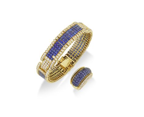 DEMI-PARURE SAPHIRS ET DIAMANTSComprenant un bracelet serti de saphirs calibrés et de diamants de taille brillant, et une bag
