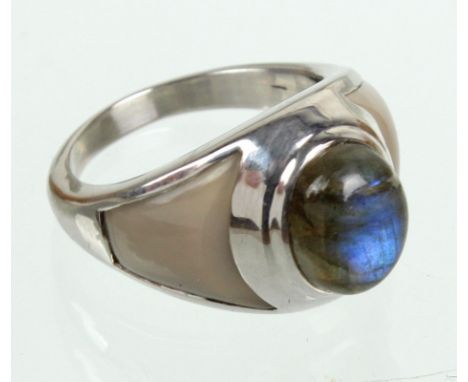 Spektrolith Ring Silber 925, ca. 13,4 Gramm, sign. La Luna-Design von der Schmuck-Designerin Kerstin Michaelsen, schwerer Her