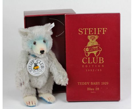 Steiff Teddy Baby mit Steiff-Knopf, Schild und Plakette Edition 1992 ausgeführt, Replica Teddy Baby 1929 Blau 28, mit Origina