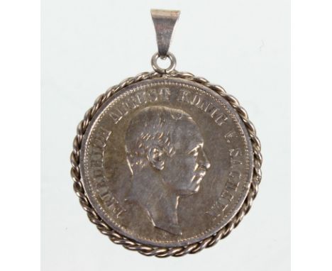 Sächsischer Münzanhänger Silber, ca. 19,8 Gramm, 3-Mark Silbermünze Deutsches Reich Sachsen von 1908 mit dem Portrait von Fri