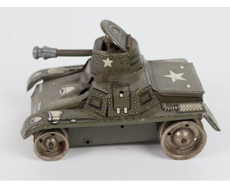 Gama Panzer Tank Blech grün und weiß lithographiert, gemarkt Gama, D.R.G.M., Made in Germany U.S. Zone sowie Bezeichnung, Pan