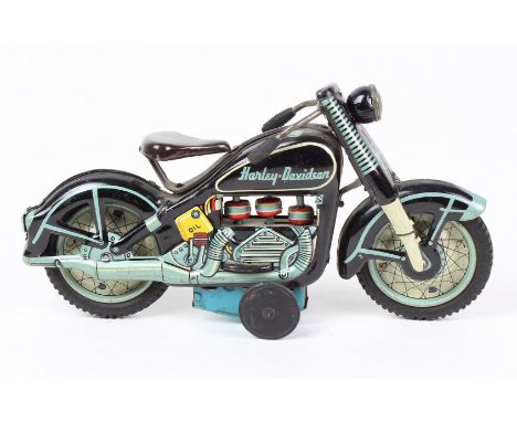 Modell Motorrad Blech farbig lithographiert, gemarkt TN Made in Japan, Nomura, Harley-Davidson-Motorrad um 1959, Gummi-Räder,