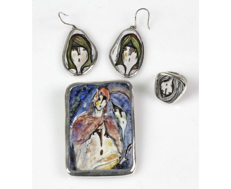 Emaille Schmuckset - Silber 925 3-fach punziert Silber 925 Gdansk nach 1963 sowie unbekannte Meistermarke JF, vierteiliges Se
