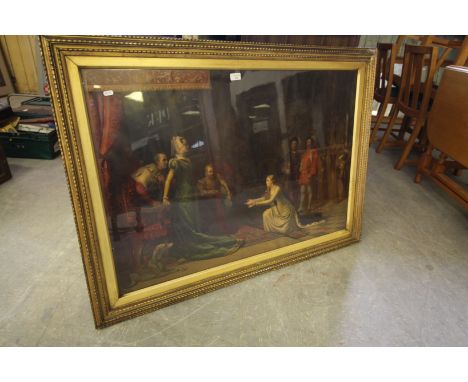 Late Victorian coloured lithograph of a medieval monarchy scene in gilt moulded frame