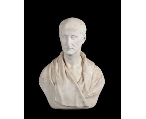 An English sculpted white marble bust of a gentleman, first half 19th century, portrayed togate, indistinctly signed to the r
