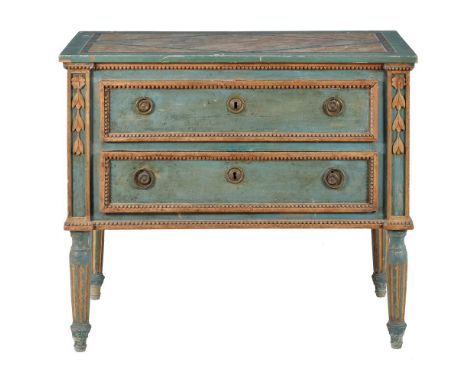 An Italian green painted commode, mid-18th century, the top with simulated marbling above two drawers and fluted legs, 87cm h