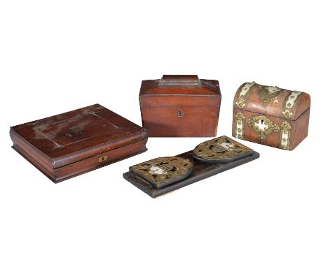 ϒ
A Victorian mahogany and brass inlaid cutlery box, 7cm high, 28cm wide; a Victorian walnut and cut brass and ivorine mounte