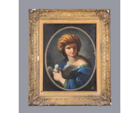 Manner of Jean-Baptiste Greuze Portrait of a girl with a dove Oil on canvas, feigned oval 62 x 49.5cm (24¼ x 19¼ in.)