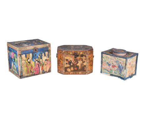 A Chinese Export painted pine tea caddy, 19th century, of octagonal form, the hinged cover and body painted with figural scen
