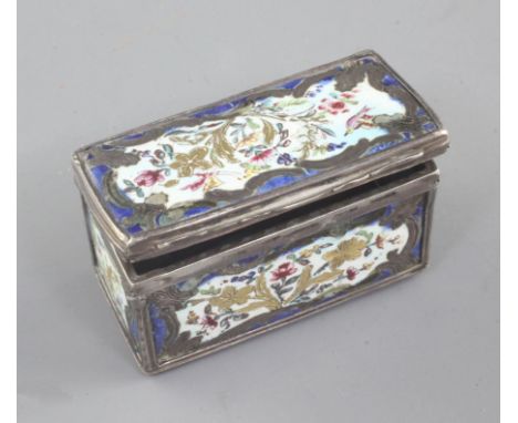 An early 19th century French silver and enamel snuff box, decorated with gilt and enamelled panels of flowers, 2.5in.