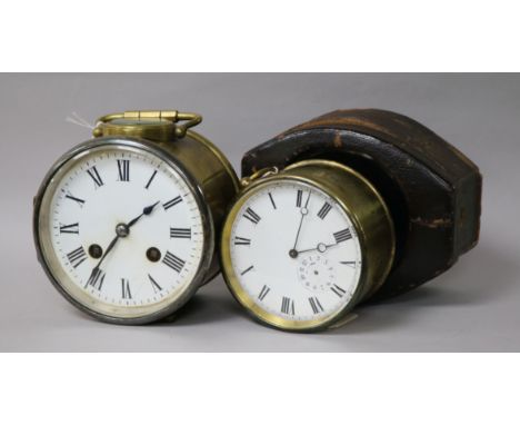 A French brass drum alarm carriage clock, Roman dial, in outer travelling case and another example with Roman dial, H 10.5cm 
