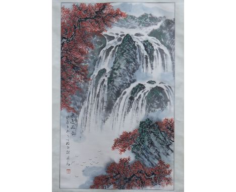 A Chinese gouache on paper scroll painting 95 x 58cm.