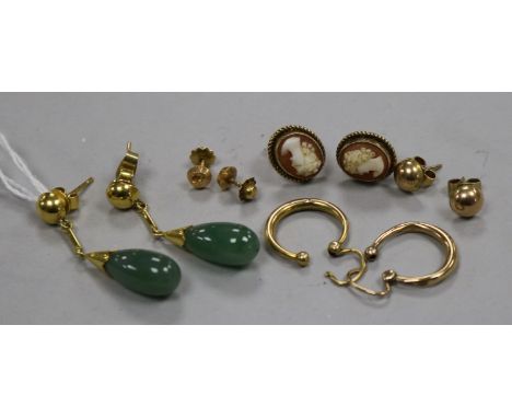 A pair of jade and 18ct gold drop earrings, three pairs of 9ct gold earrings and an 18ct gold pair