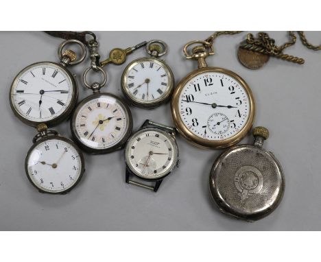Five assorted fob watches including silver, a gold plated pocket watch and a Tissot wrist watch.