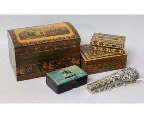 A Tunbridge Ware box with Eridge Castle cover containing two inkwells and sundry items including two small Tunbridge Ware box