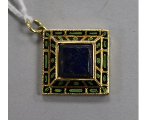 A yellow metal, lapis lazuli and two colour enamel locket pendant, 25mm.