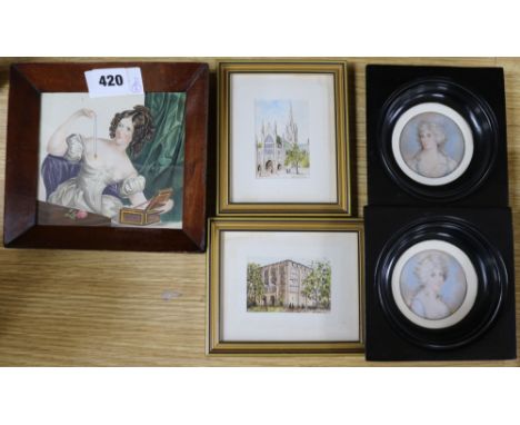 A pair of 19th century portrait miniatures on ivory, Lady Ossulton & Lady Lyndhurst, 6cm. and three other watercolours