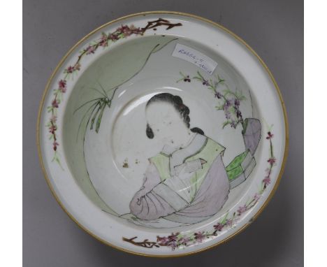A Chinese famille rose basin, on wood stand height 12cm diameter 26cm