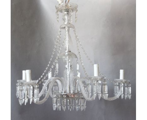 A Georgian style cut and moulded glass five light chandelier, with beaded swags and spear shaped drops, drop 2ft 4in. diam. 2