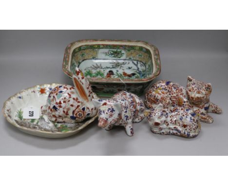 Four Chinese ceramic polychrome animals, a Canton tureen (lacking cover) and a Continental dish moulded with birds