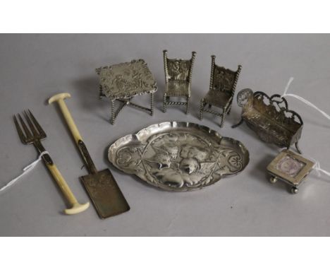 A collection of Continental silver miniature furniture and other small silver items, comprising a pair of rush seat chairs wi