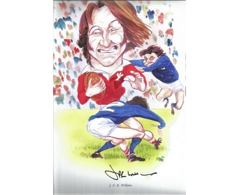 JPR Williams signed print. Unusual 8x12.5 inch colour caricature print signed by rugby legend JPR Williams.   Good condition.