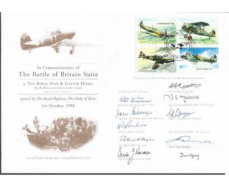 Battle of Britain Suite cover signed by nine fighter pilots including Alan Gear, Peter Ayerst, John Gibson, E Parkin, Peter H
