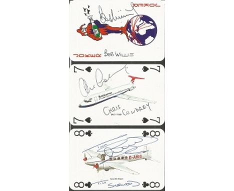 Bob Willis signed Joker playing card, Chris Cowdrey signed 7 of Spades playing card, Tim Sherwood signed 8 of Clubs playing c