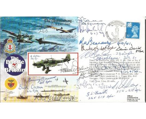 Nineteen Battle of Britain pilots signed 50th ann BOB cover The Skirmishing RAFA3. Autographs include Alan Harker 234 Sqn, Z 