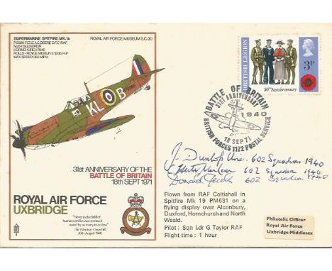 Battle of Britain pilots Charles MacLean. J Dunlop Urie and Donald Jack signed SC30 RAF Uxbridge Spitfire cover, Some foxing 