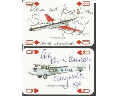 Sarah Lancashire signed 10 of Diamonds playing card with love and best wishes, Kevin Kennedy signed Queen of Hearts playing c