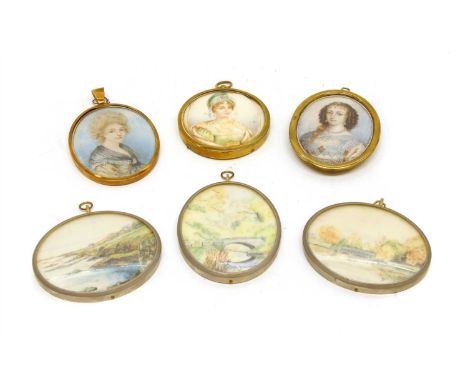 A 19th century portrait miniature depicting Henrietta Maria, wife of Charles I, on ivory, together with two similar example a