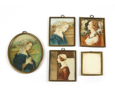 A collection of five late 19th century portrait miniatures, after paintings by Filippo Lippi, Piero di Cosimo, Van Dyck and o