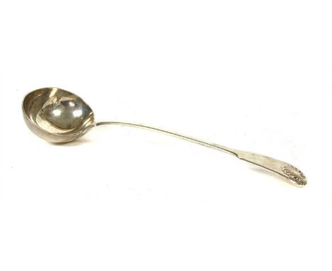 A Victorian silver fiddle pattern ladle, John Whiting, London 1857, 34cm long