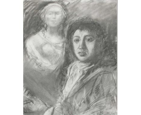 *Jane Bond (b.1939) PORTRAIT OF SAMUEL PEPYS WITH A FEMALE BUST Signed with initials l.r., charcoal and white chalk on paper 