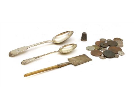 A collection of silver and coins, to include a Victorian fiddle pattern spoon, a teaspoon, thimble, a medallion for services 