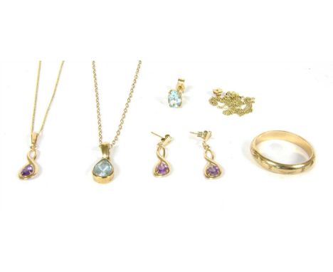 A quantity of 9ct gold jewellery, to include a 9ct gold aquamarine pendant, with a pear shaped mixed cut aquamarine, rub set 