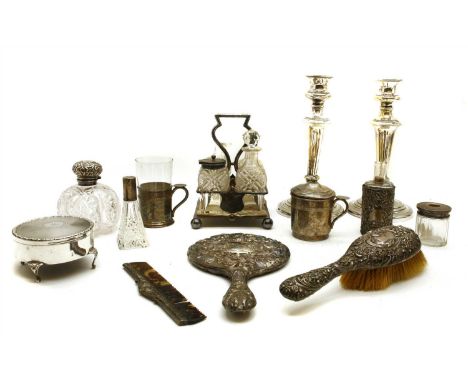 A collection of silver lidded cut glass jars, together with a silver trinket box and a quantity of silver plated items, compr