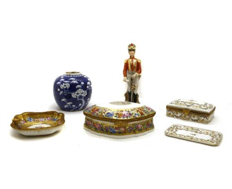 A collection of continental porcelains, to include two gilt metal mounted trinket boxes, a gilt metal mounted ashtray and a L