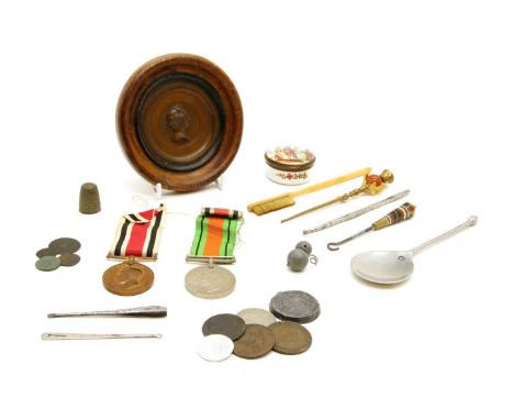 Sundries, including early coins , enamel box, Police medal, 2 button hooks, copper bust, etc