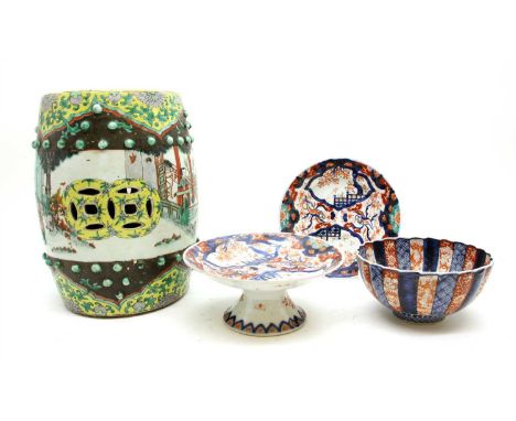 A Japanese Imari comport, 9.5cm high, together with an Imari plate footed bowl and Chinese famille jaune garden seat, as foun