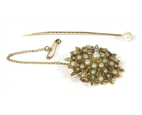 A gold cultured pearl star burst brooch , and a single stone cultured pearl gold stick pin, tested as approximately 9ct gold,