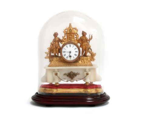 A Victorian gilt spelter and alabaster mantel clock , the enamel dial surmounted by a couple of hay makers, now below an oval