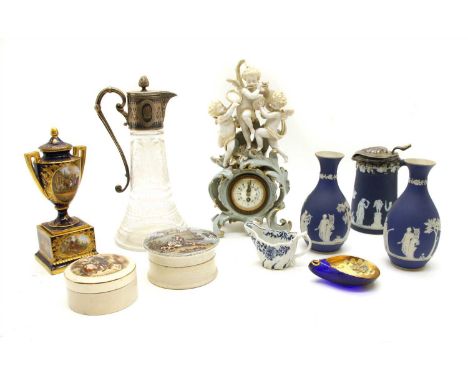 A collection of ceramics , to include a Royal Vienna lidded urn, Wedgwood jasperware, prattware lidded jars, a Worcester styl