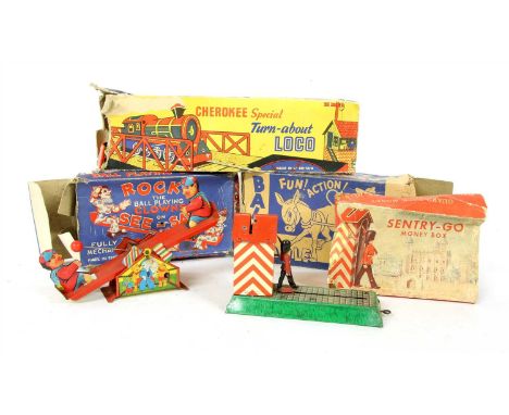 Four vintage tinplate toys , a Cherokee special turnabout loco, a MAR Toys Balky Mule, a Rock'O Ball playing clowns on see-sa