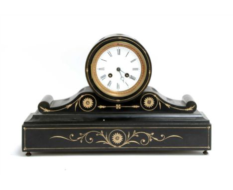 A Victorian black marble mantel clock, 26cm high, and a strung mahogany mantel clock with a two train movement, 29.5cm high P