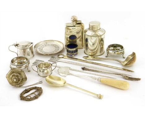 Mixed silverwares, including a flask, tea caddy, mustard pot, and a pair of French arrow paper knives, 25ozt weighable silver