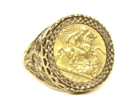 A 9ct gold ring with a half sovereign, dated 1898, finger size S LE, 10.91g